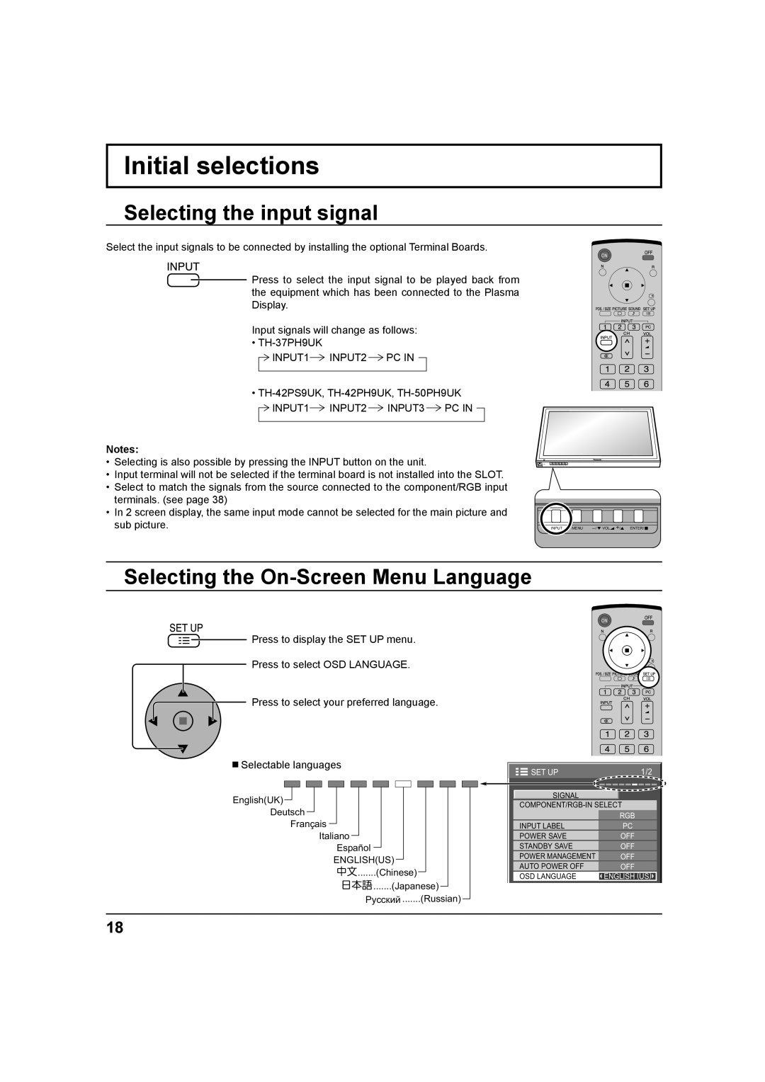 Panasonic TH-37PH9UK, TH 42PS9UK Initial selections, Selecting the input signal, Selecting the On-Screen Menu Language 