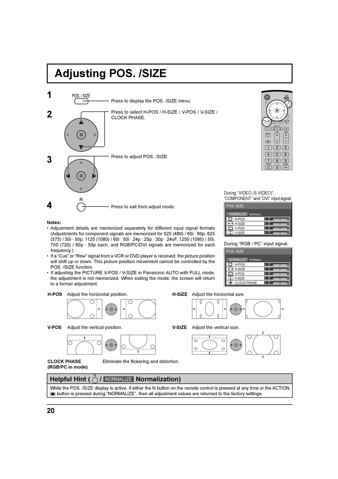 Panasonic TH 42PH9UK, TH-37PH9UK Adjusting POS. /SIZE, Clock Phase, Eliminate the ﬂickering and distortion, RGB/PC in mode 