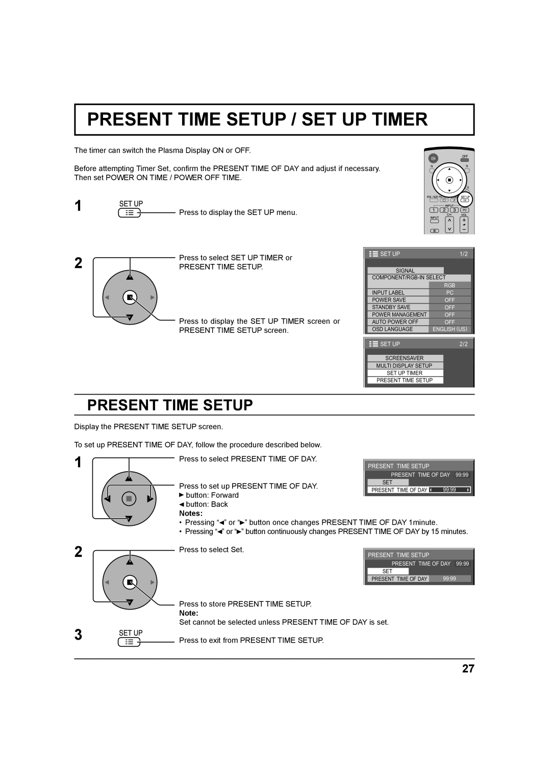 Panasonic TH-37PH9UK, TH 42PS9UK, TH 42PH9UK Present Time Setup / SET UP Timer, Press to set up Present Time of DAY 