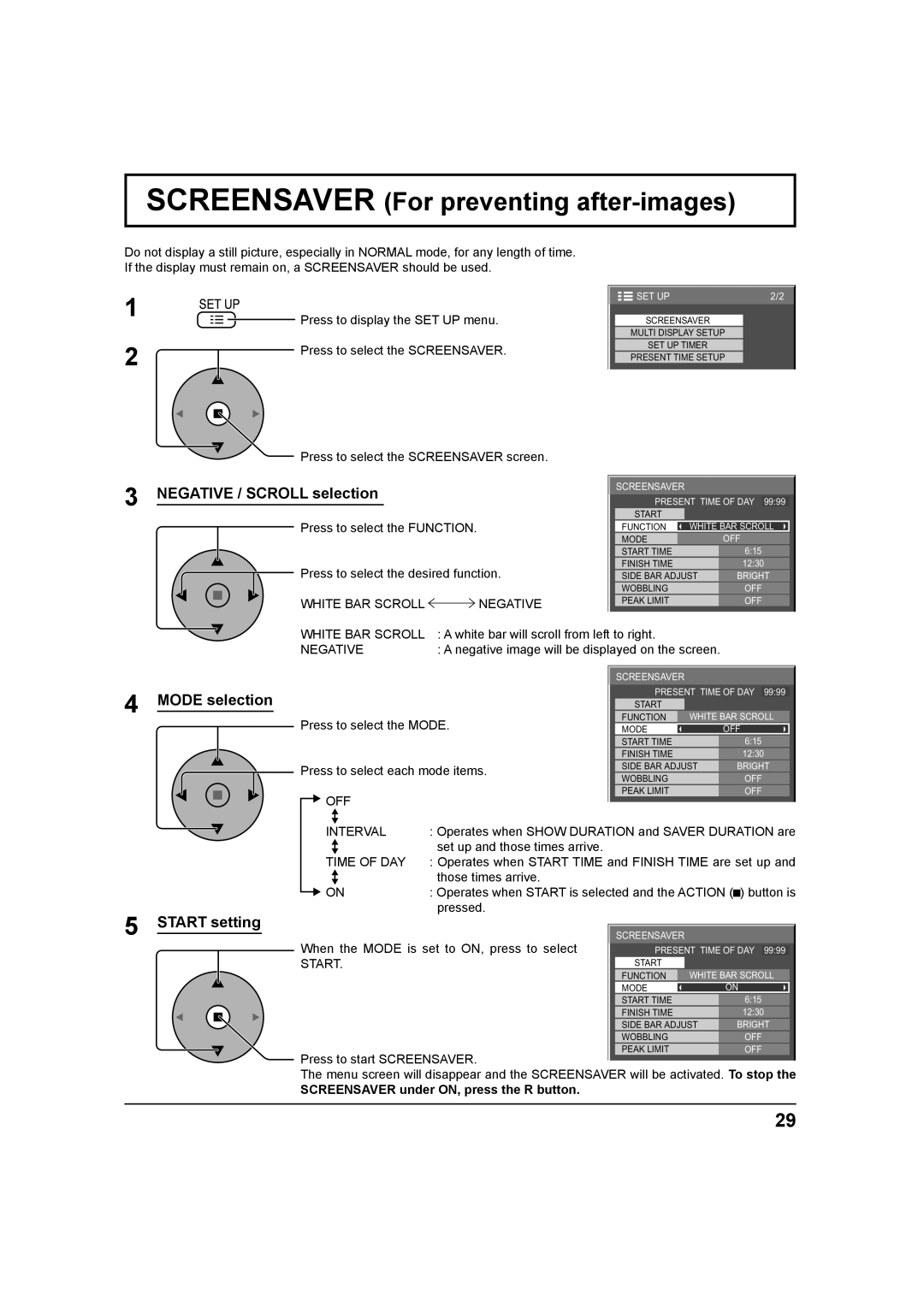 Panasonic TH 42PH9UK Screensaver For preventing after-images, Negative / Scroll selection, Mode selection, Start setting 