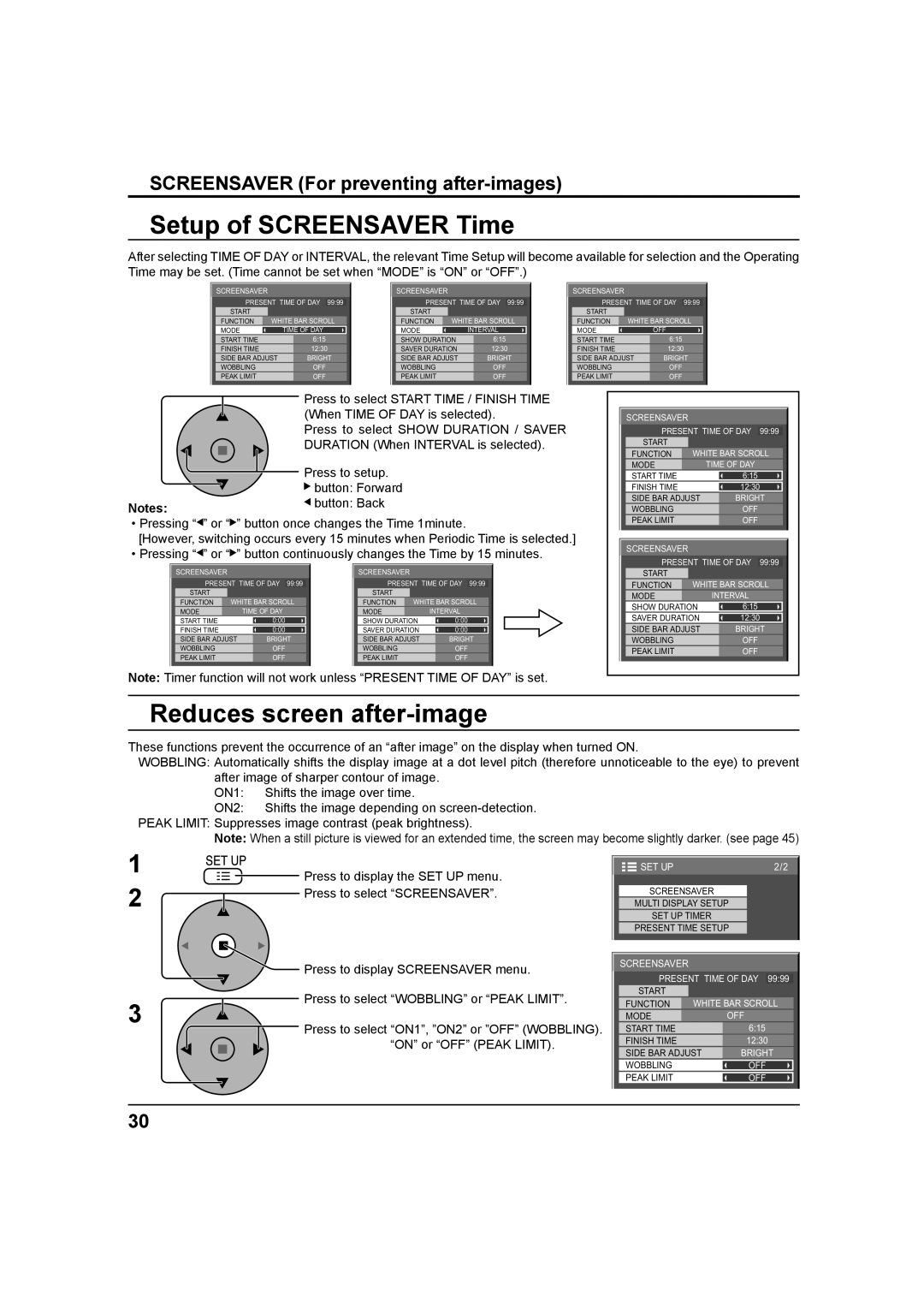 Panasonic TH-37PH9UK Setup of Screensaver Time, Reduces screen after-image, Screensaver For preventing after-images 