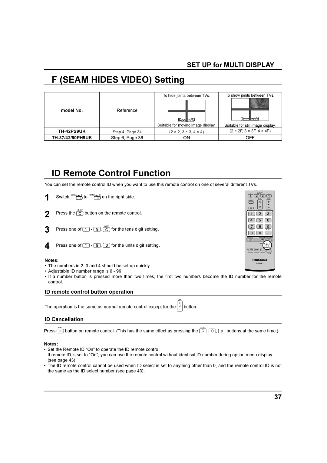 Panasonic TH 42PS9UK, TH-37PH9UK Seam Hides Video Setting, ID Remote Control Function, ID remote control button operation 