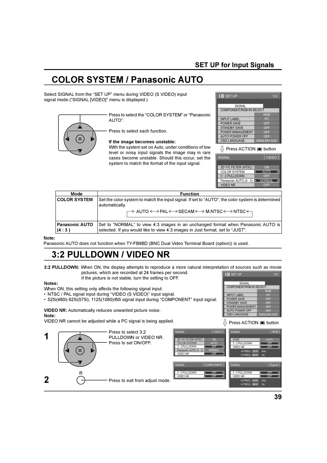 Panasonic TH-37PH9UK Color System / Panasonic Auto, SET UP for Input Signals, If the image becomes unstable, Mode Function 