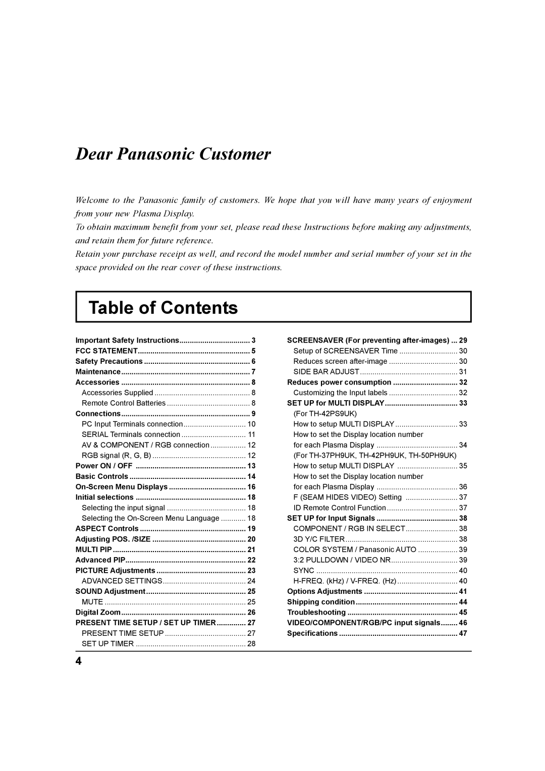 Panasonic TH 42PS9UK, TH-37PH9UK, TH 42PH9UK operating instructions Table of Contents 