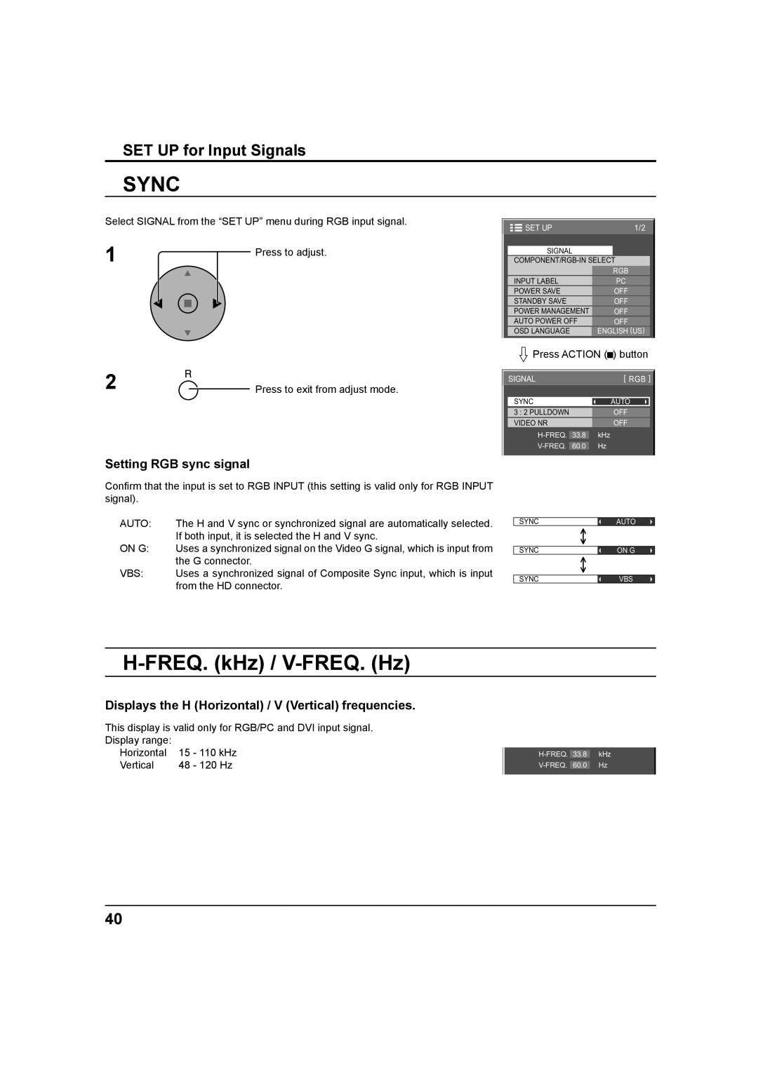 Panasonic TH 42PS9UK FREQ. kHz / V-FREQ. Hz, Setting RGB sync signal, Displays the H Horizontal / V Vertical frequencies 