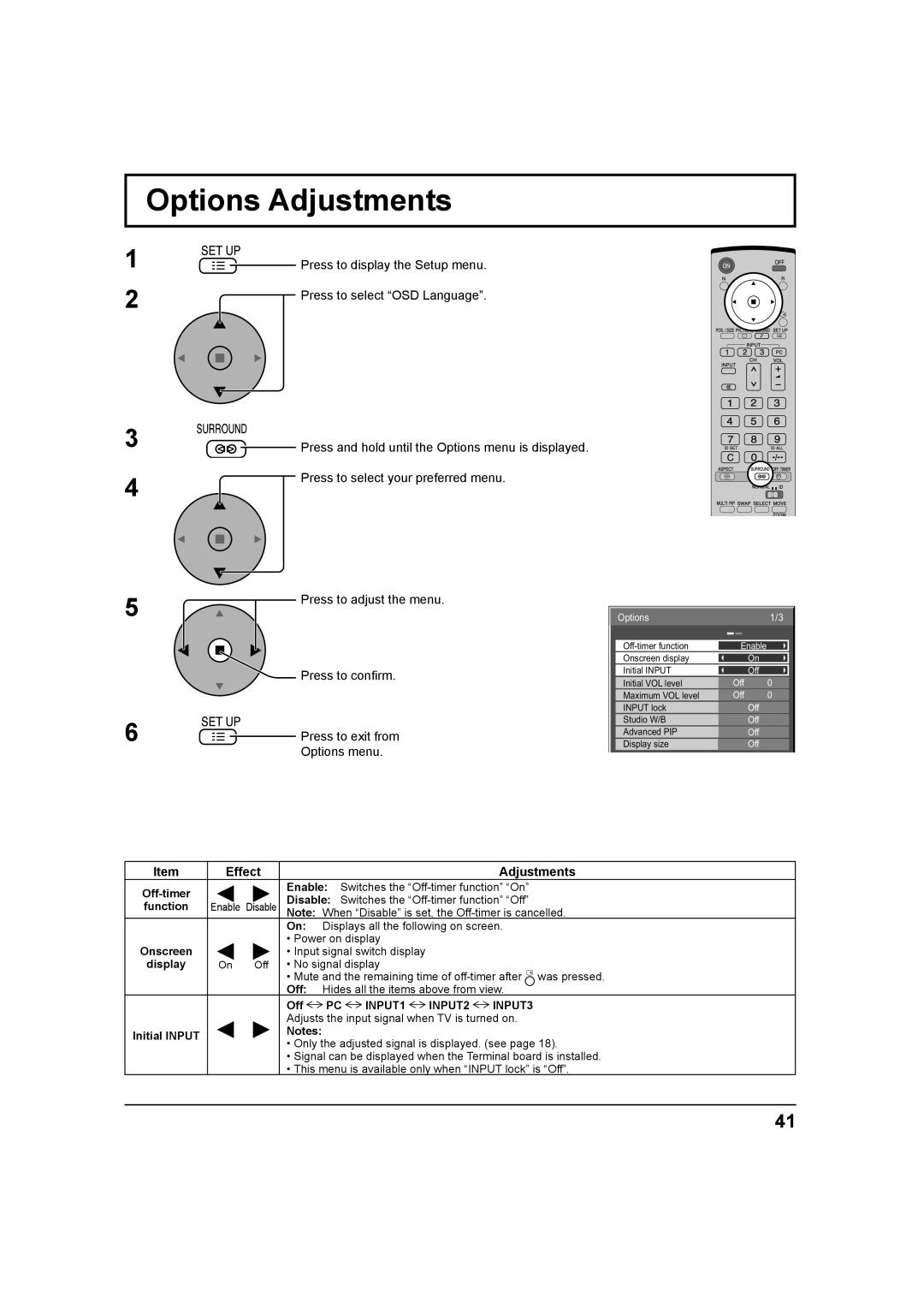 Panasonic TH 42PH9UK, TH-37PH9UK, TH 42PS9UK operating instructions Options Adjustments 