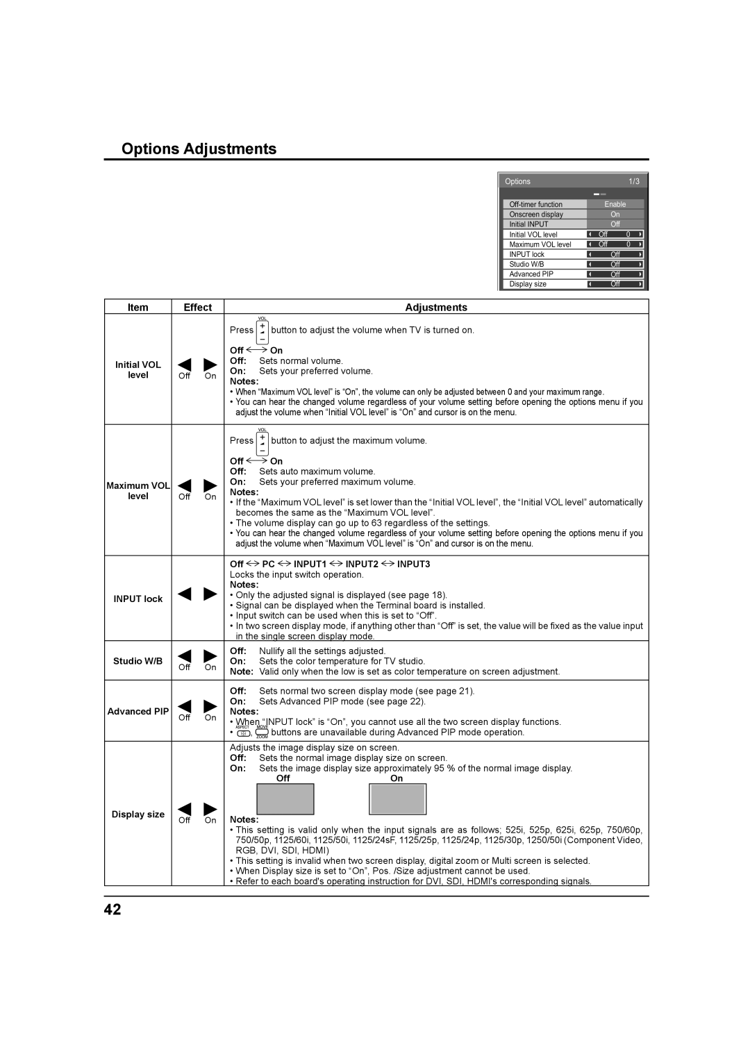 Panasonic TH-37PH9UK, TH 42PS9UK, TH 42PH9UK operating instructions Options Adjustments 