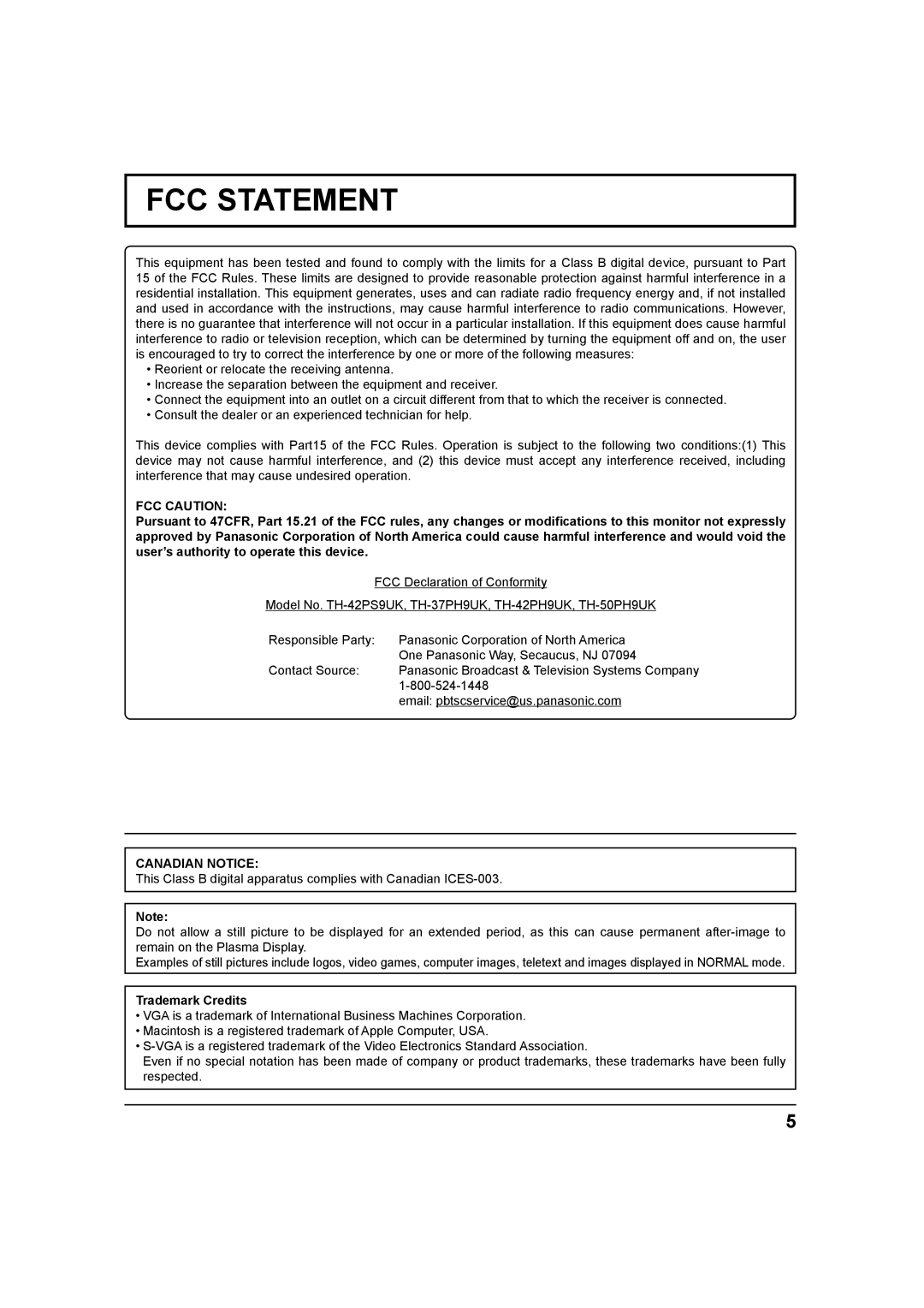 Panasonic TH 42PH9UK, TH-37PH9UK, TH 42PS9UK operating instructions FCC Statement, Trademark Credits 