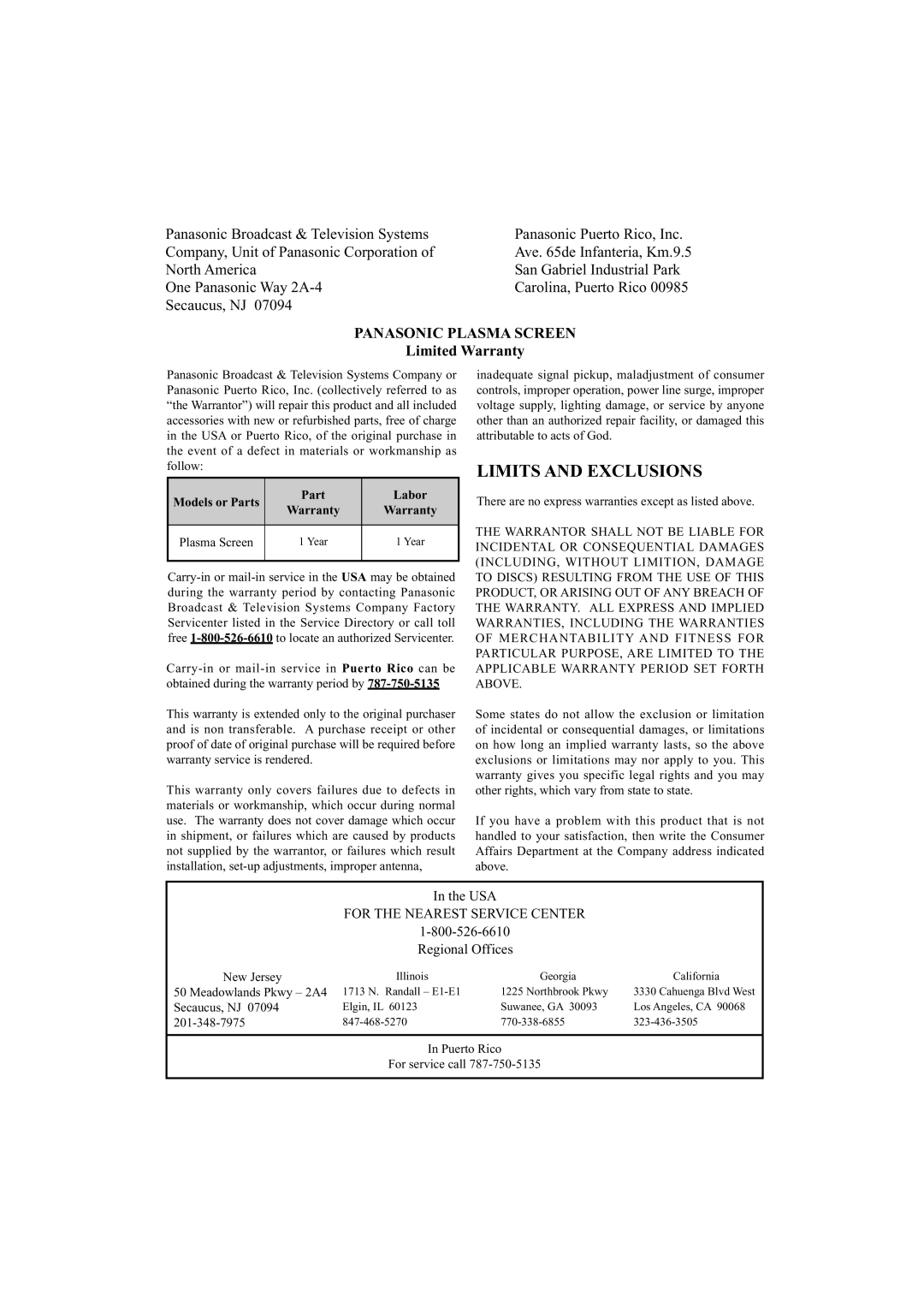 Panasonic TH 42PH9UK, TH-37PH9UK, TH 42PS9UK operating instructions Limits and Exclusions 