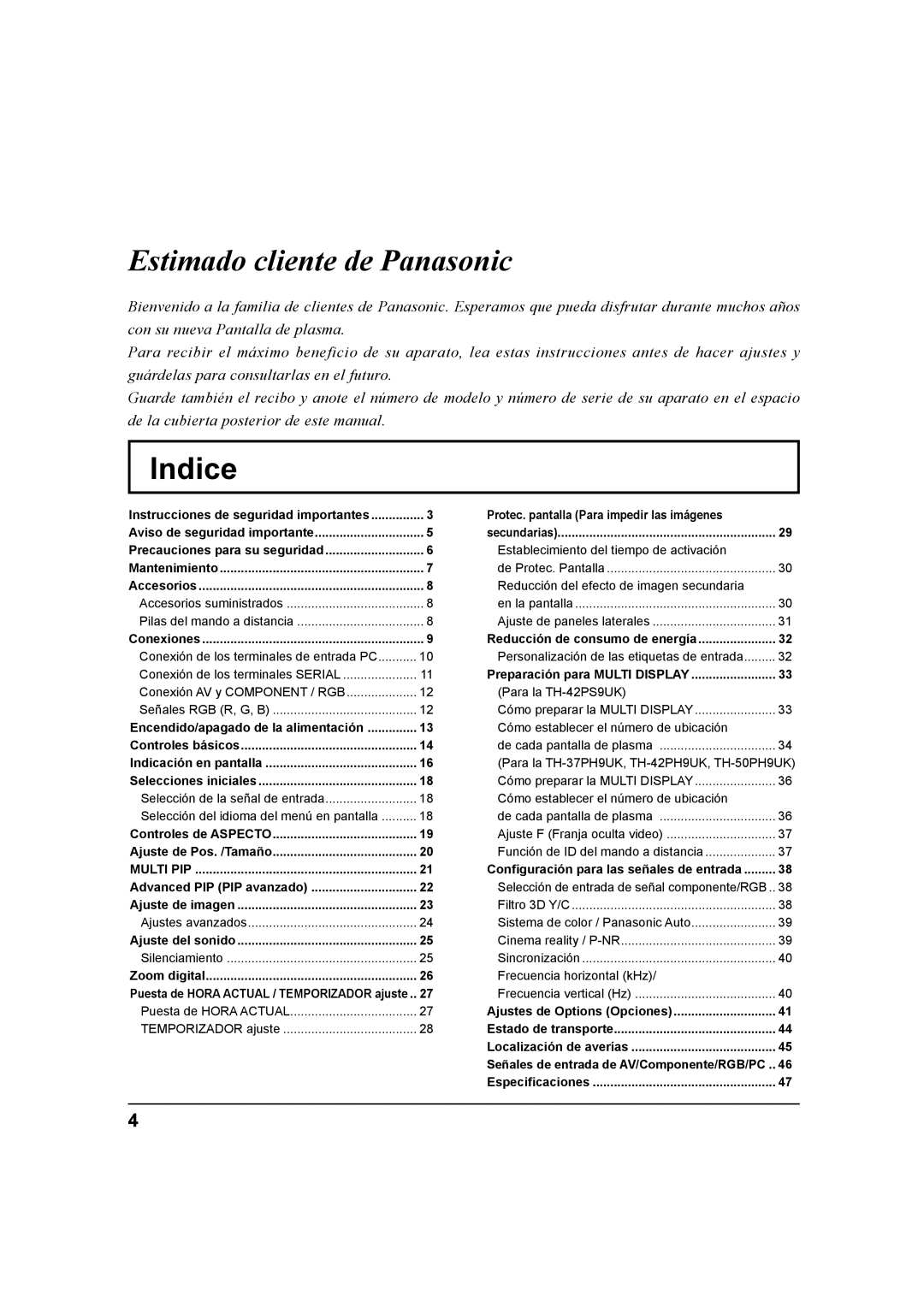 Panasonic TH-37PH9UK, TH 42PS9UK, TH 42PH9UK operating instructions Indice 