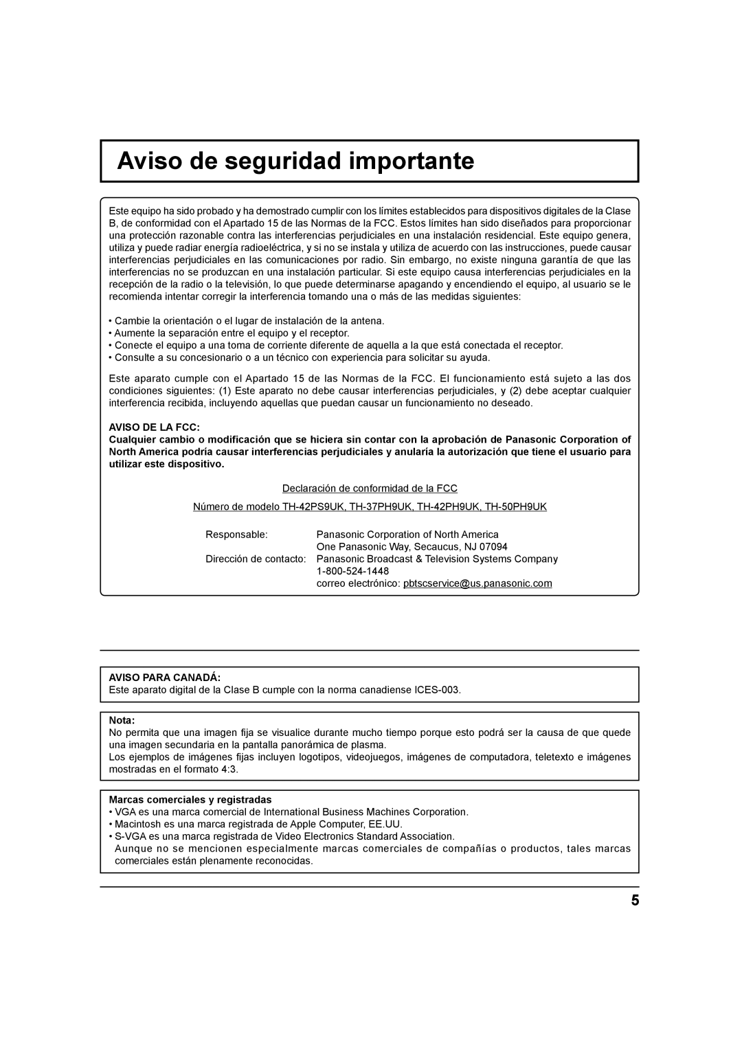 Panasonic TH 42PS9UK, TH-37PH9UK, TH 42PH9UK Aviso de seguridad importante, Nota, Marcas comerciales y registradas 