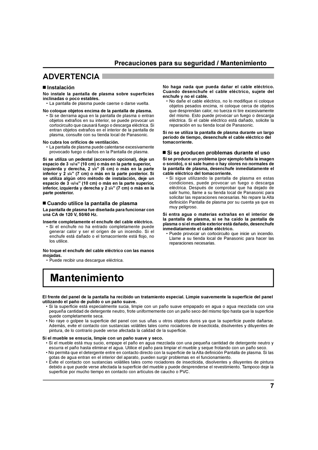 Panasonic TH-37PH9UK, TH 42PS9UK, TH 42PH9UK Precauciones para su seguridad / Mantenimiento, Instalación 