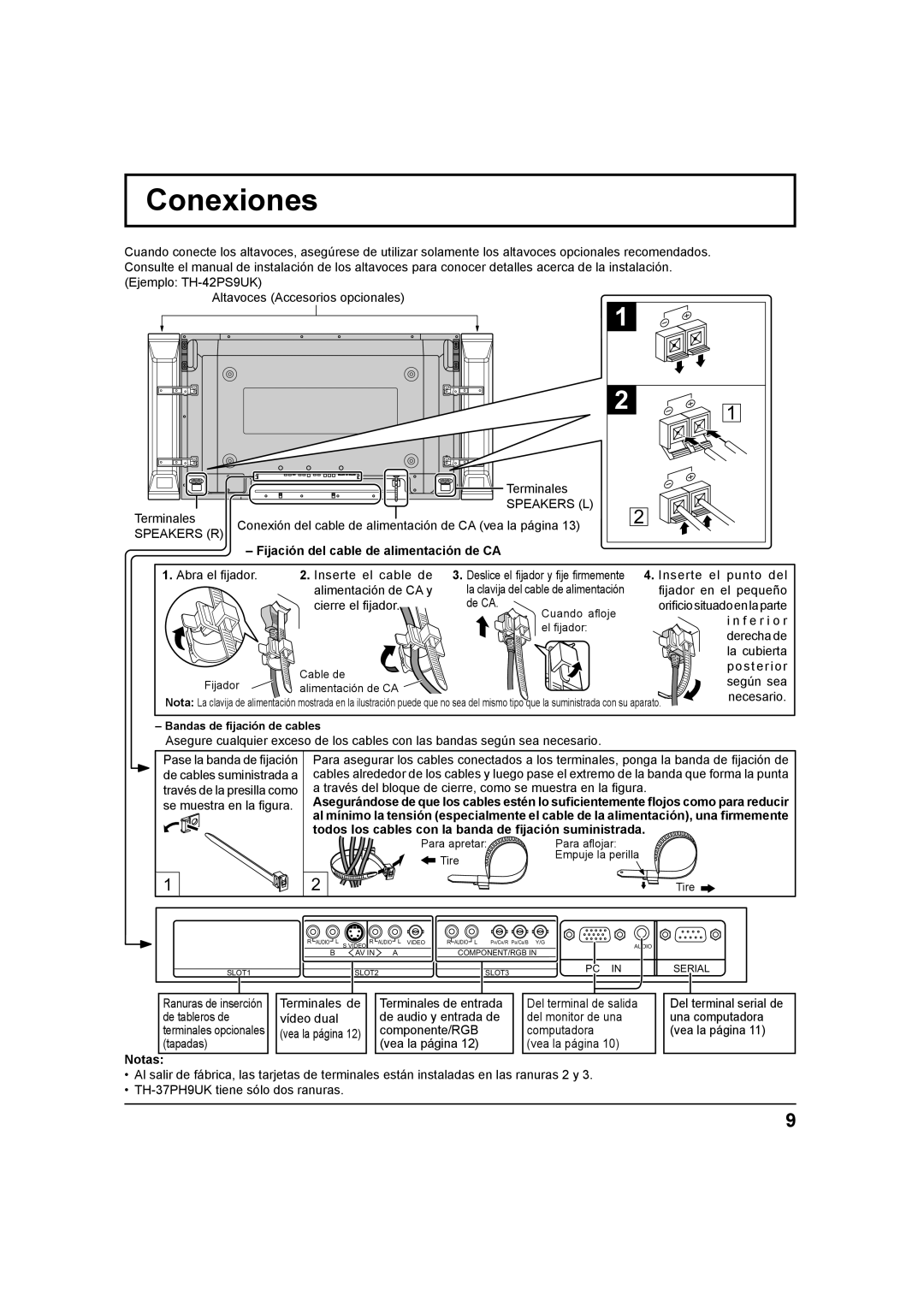 Panasonic TH 42PH9UK, TH-37PH9UK Conexiones, Speakers L, Speakers R, Fijación del cable de alimentación de CA, Notas 