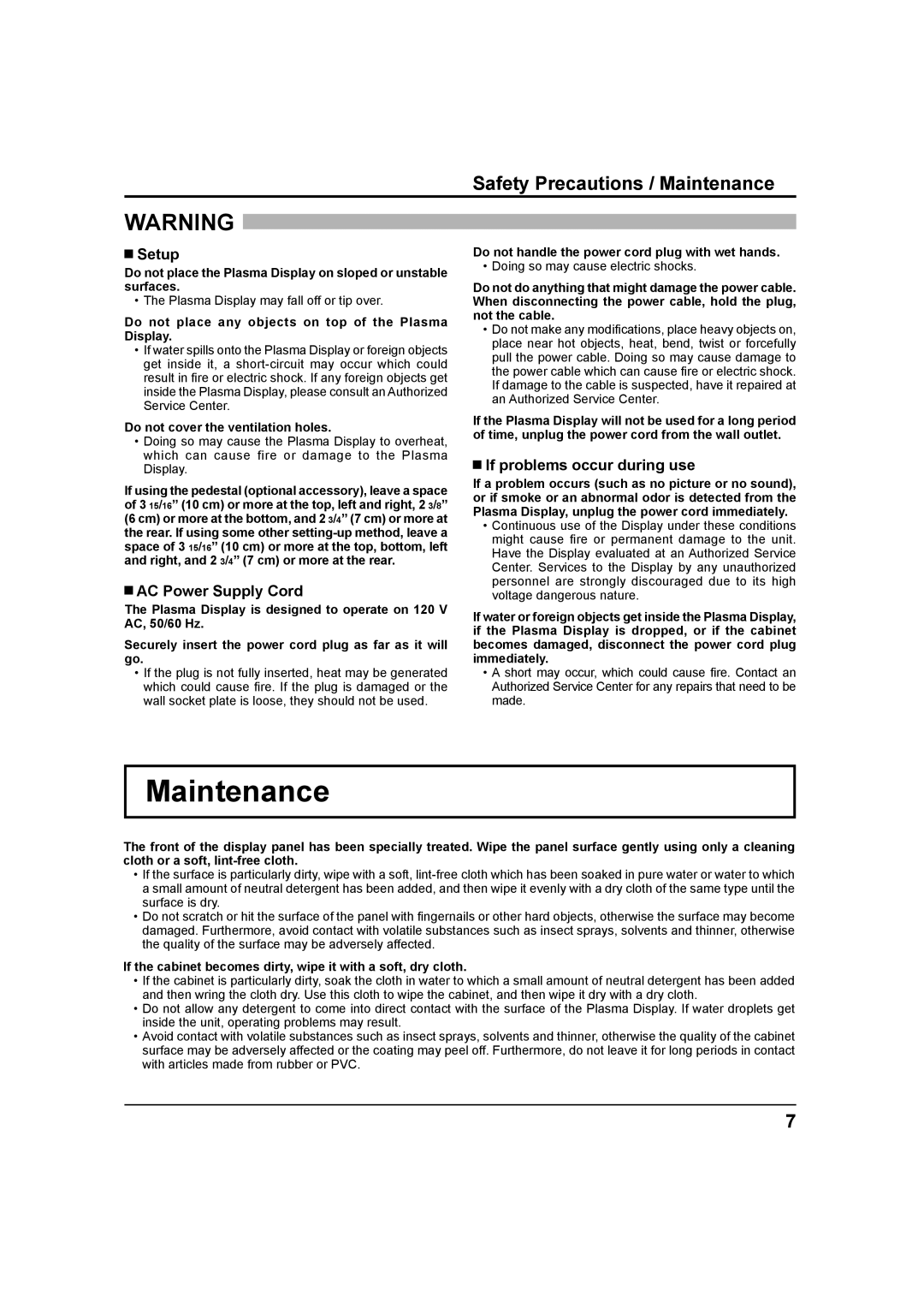 Panasonic TH 42PS9UK Safety Precautions / Maintenance, Setup, AC Power Supply Cord, If problems occur during use 