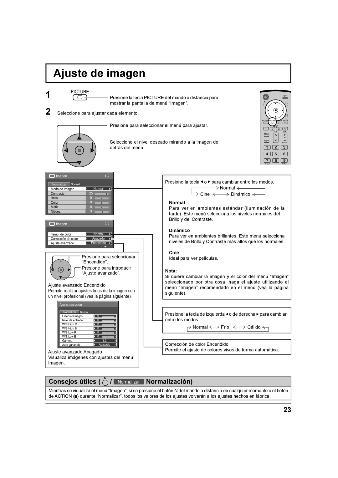 Panasonic TH 42PS9UK, TH-37PH9UK, TH 42PH9UK Ajuste de imagen, Normal, Dinámico, Cine, Ideal para ver películas 