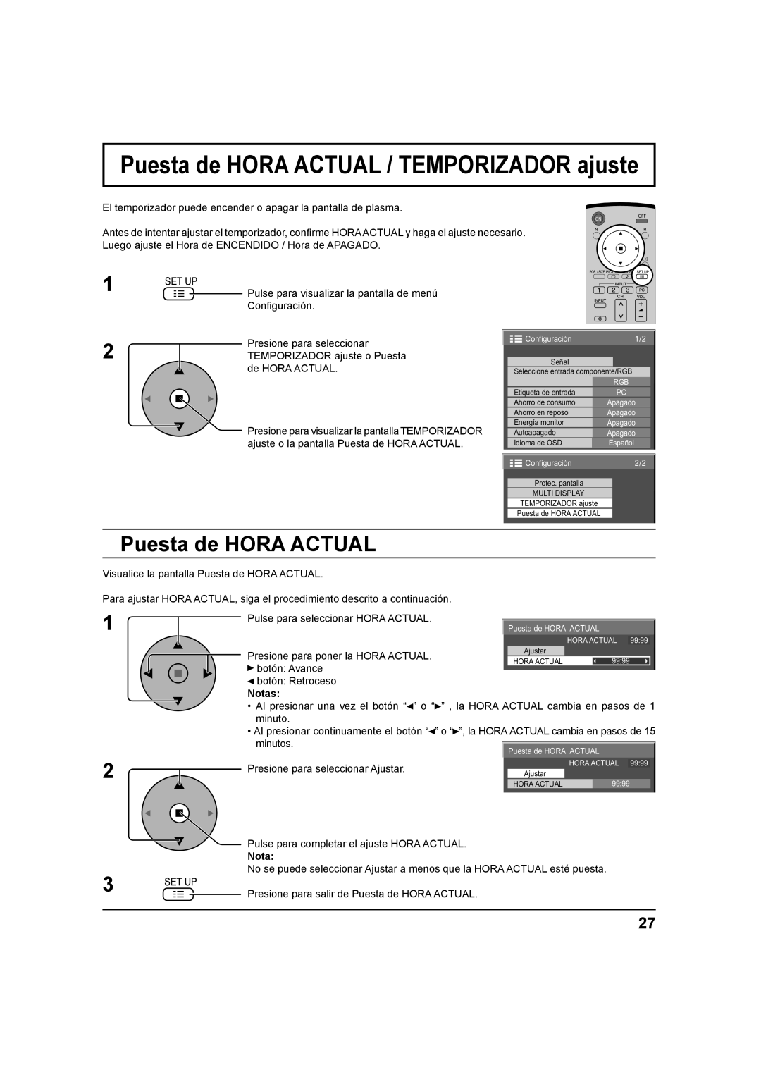 Panasonic TH 42PH9UK, TH-37PH9UK Puesta de Hora Actual, Presione para poner la Hora Actual, Botón Avance Botón Retroceso 