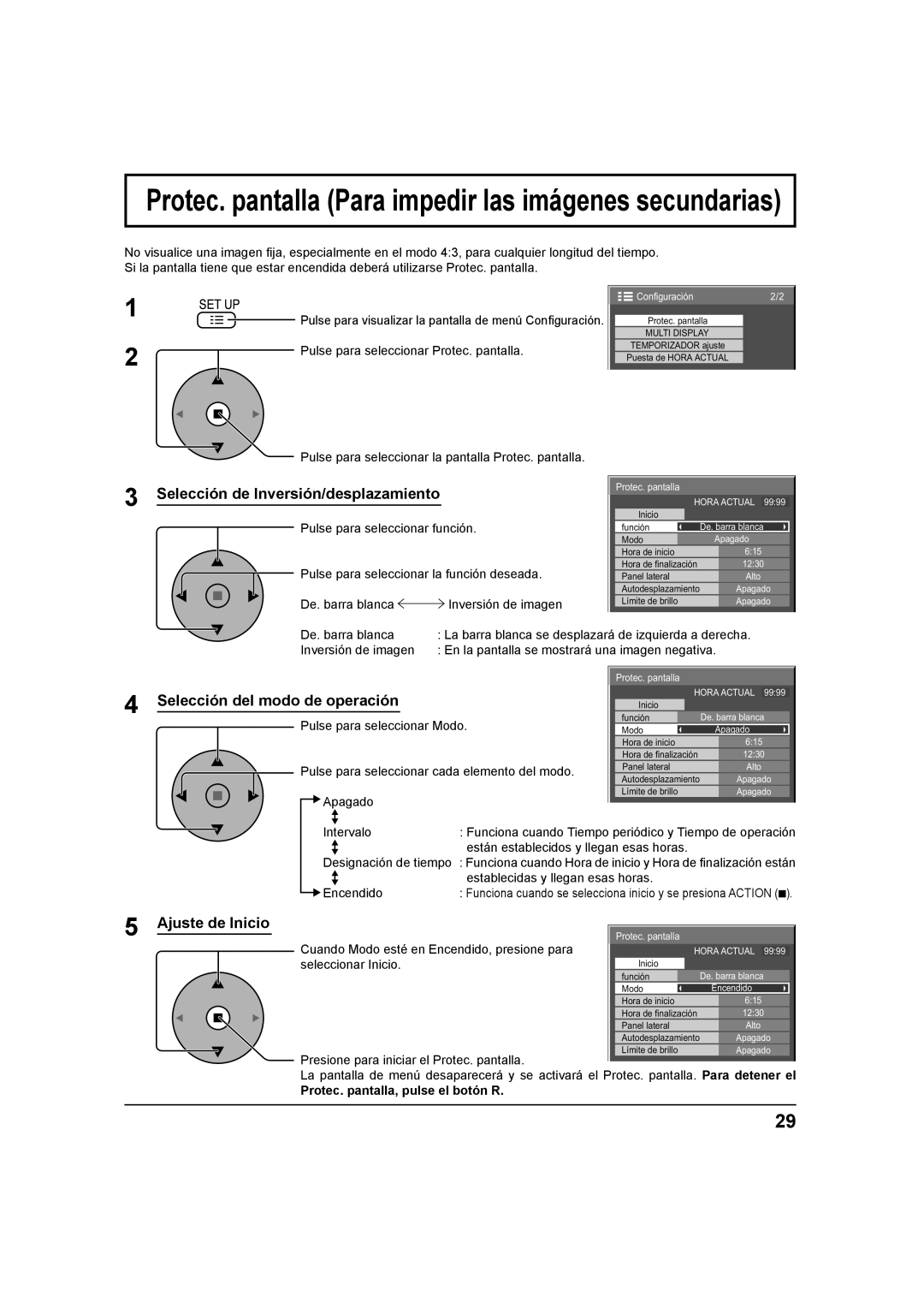 Panasonic TH 42PS9UK Selección de Inversión/desplazamiento, Ajuste de Inicio, Protec. pantalla, pulse el botón R 