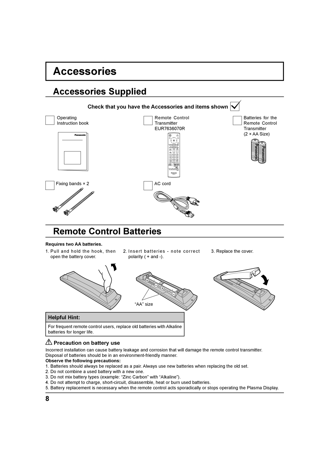 Panasonic TH 42PH9UK, TH-37PH9UK, TH 42PS9UK operating instructions Accessories Supplied, Remote Control Batteries 