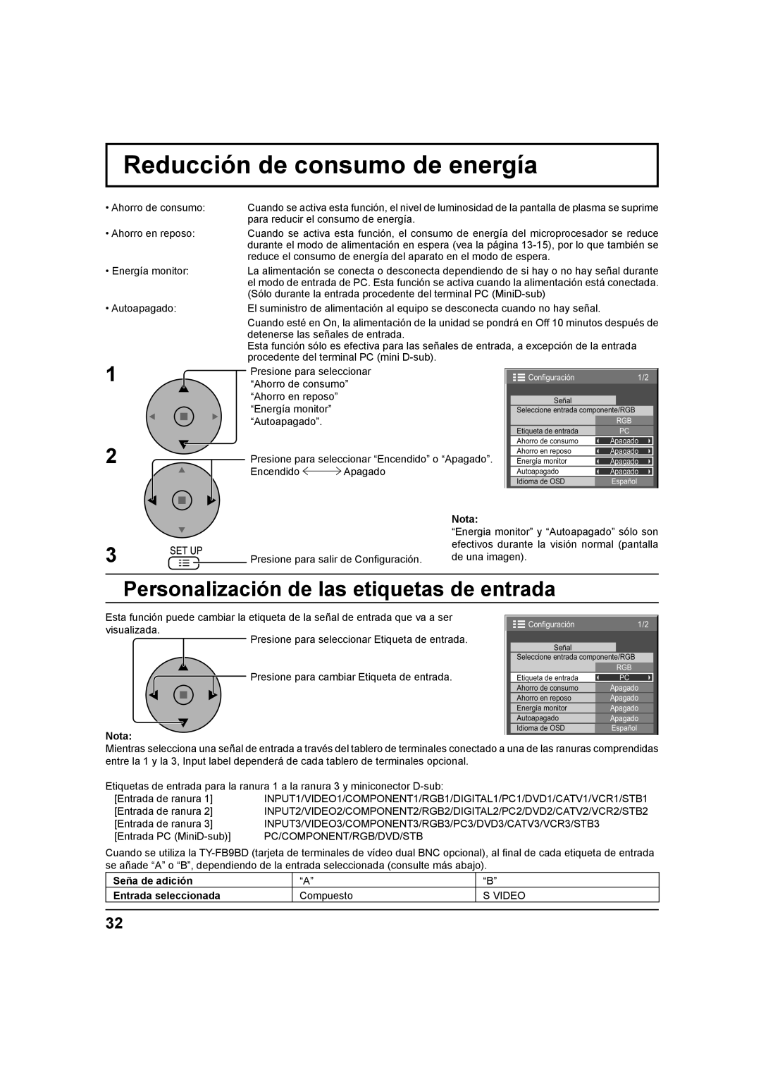 Panasonic TH 42PS9UK, TH-37PH9UK, TH 42PH9UK Reducción de consumo de energía, Personalización de las etiquetas de entrada 