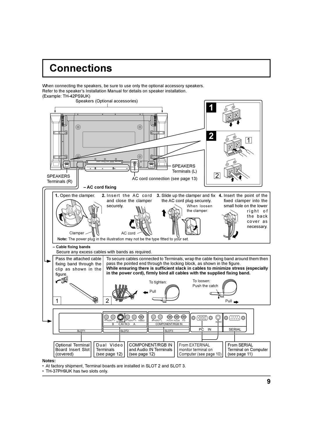 Panasonic TH-37PH9UK, TH 42PS9UK, TH 42PH9UK operating instructions Connections, Speakers, AC cord ﬁxing, Component/Rgb 