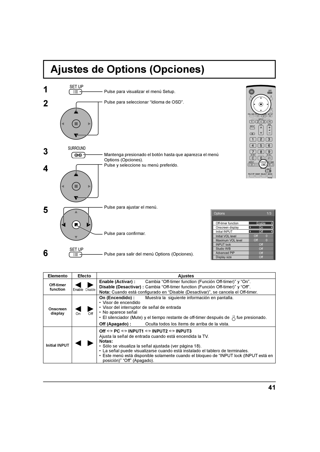 Panasonic TH 42PS9UK, TH-37PH9UK, TH 42PH9UK operating instructions Ajustes de Options Opciones 