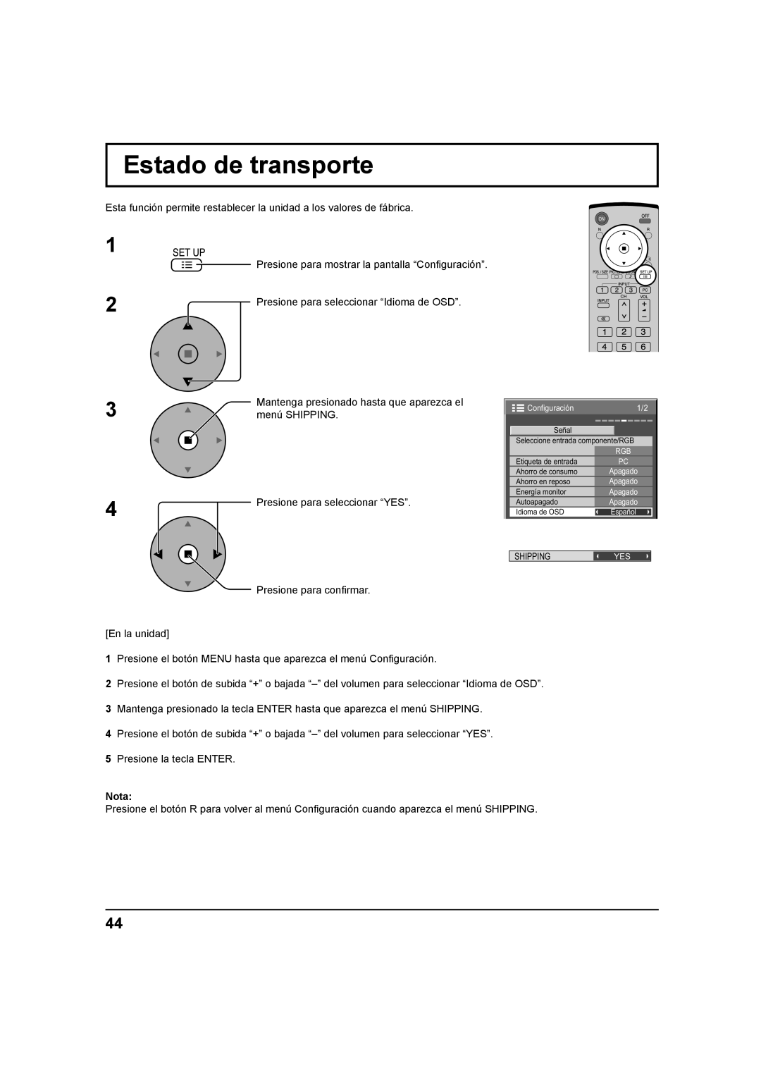 Panasonic TH 42PS9UK, TH-37PH9UK, TH 42PH9UK operating instructions Estado de transporte, Nota 