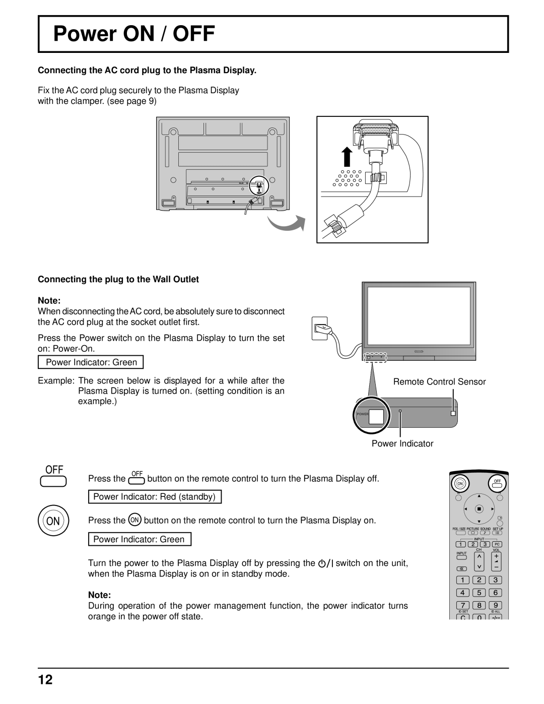 Panasonic TH-37PR10U, TH-42PR10U manual Power on / OFF, Connecting the AC cord plug to the Plasma Display 