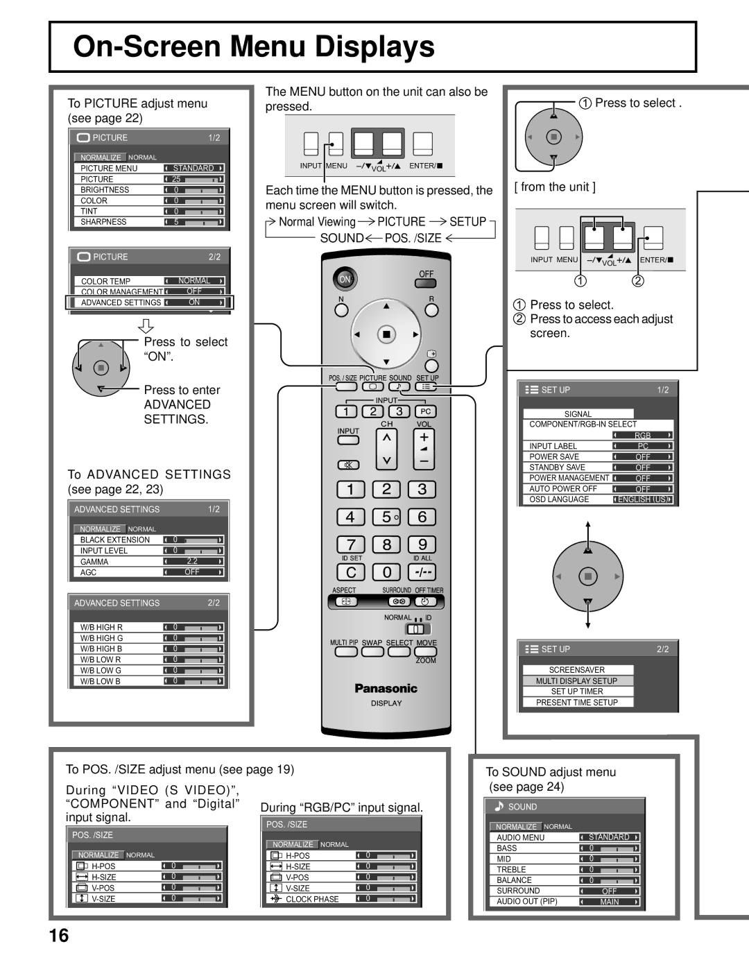 Panasonic TH-37PR10U, TH-42PR10U manual On-Screen Menu Displays, Advanced Settings, Picture Setup Sound 