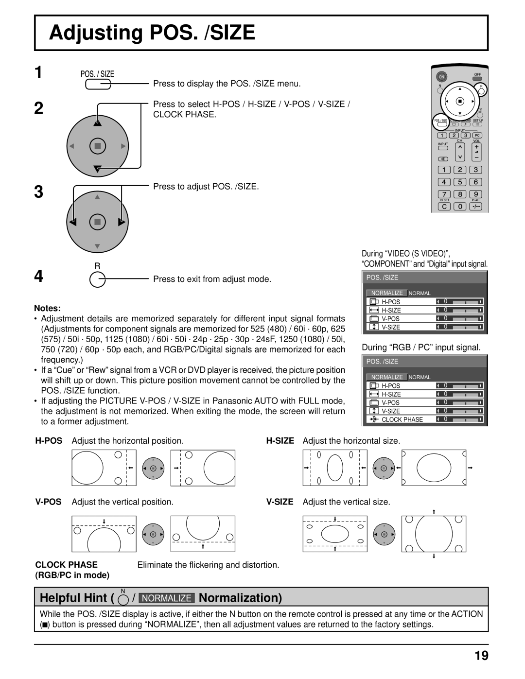 Panasonic TH-42PR10U manual Adjusting POS. /SIZE, Clock Phase, Eliminate the flickering and distortion, RGB/PC in mode 