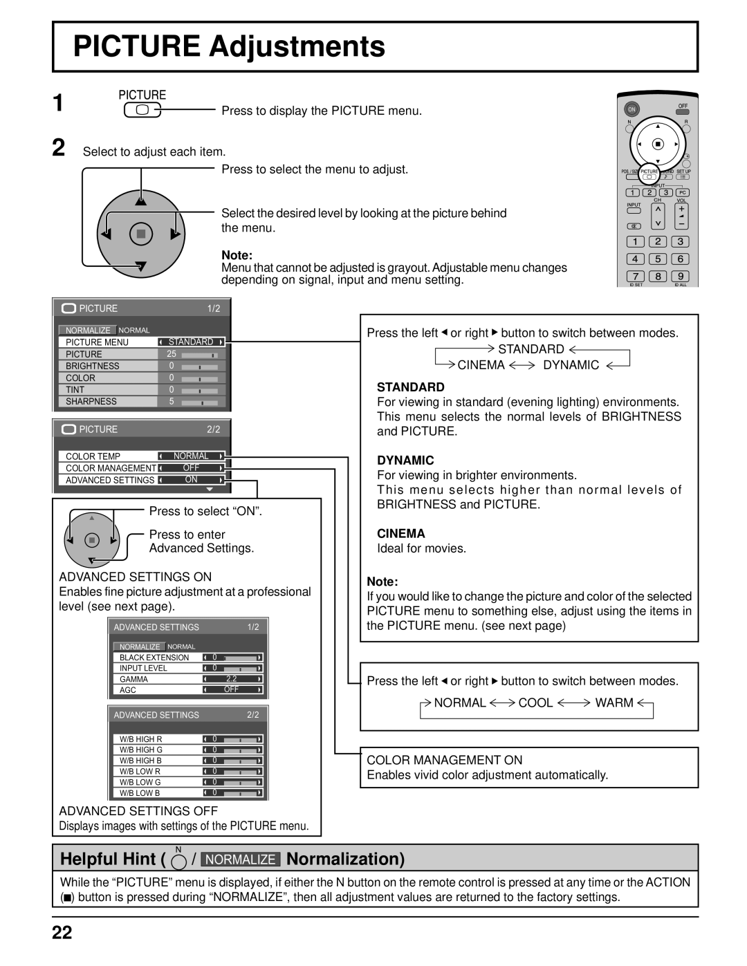 Panasonic TH-37PR10U, TH-42PR10U manual Picture Adjustments, Standard, Dynamic, Cinema 