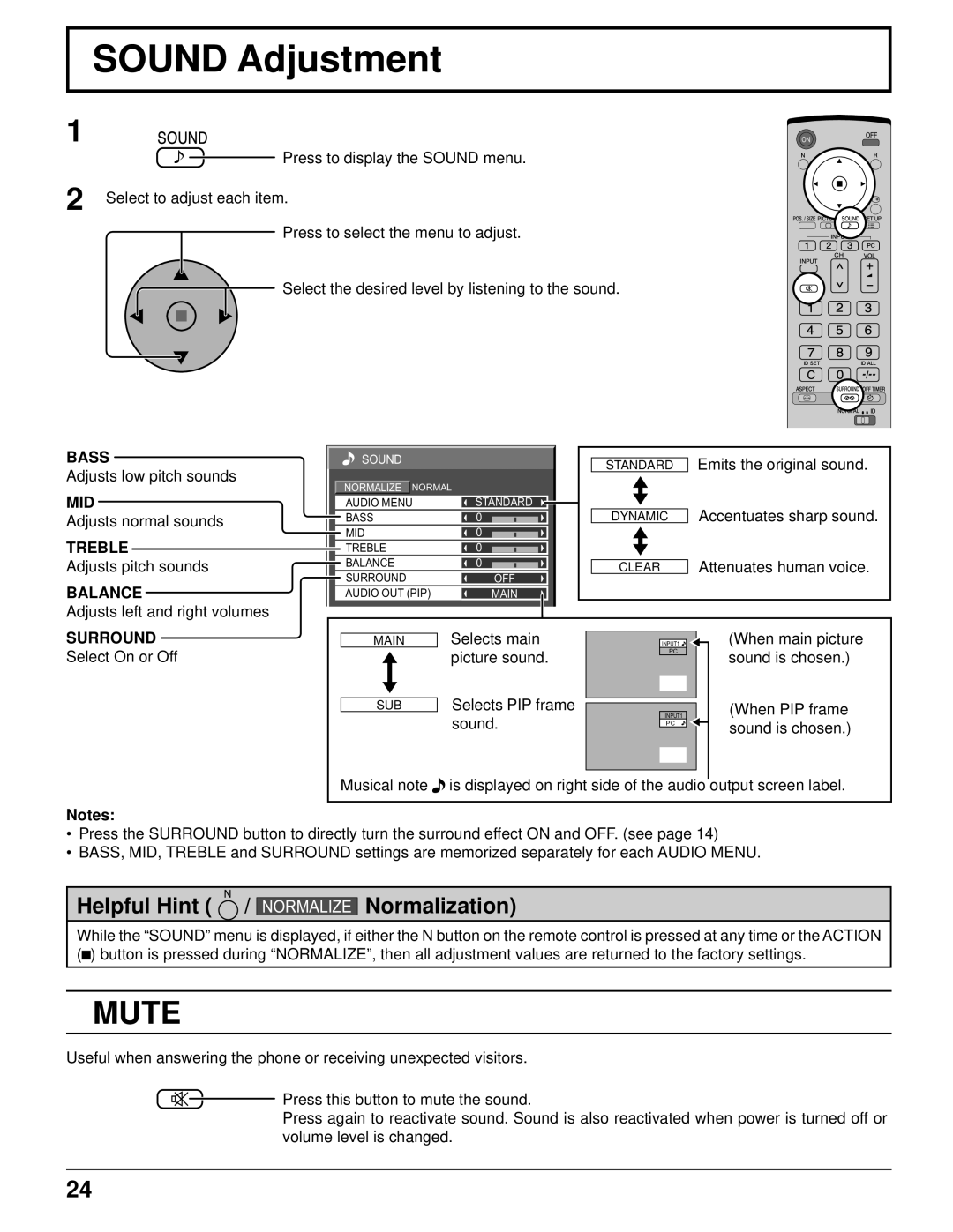 Panasonic TH-37PR10U, TH-42PR10U manual Sound Adjustment, Mute 