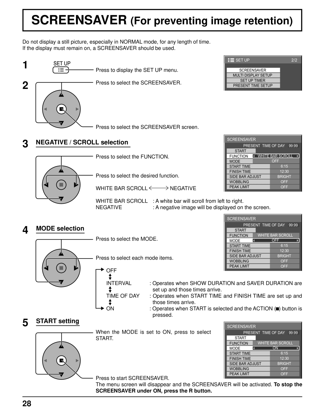 Panasonic TH-37PR10U, TH-42PR10U Screensaver For preventing image retention, Negative / Scroll selection, Mode selection 