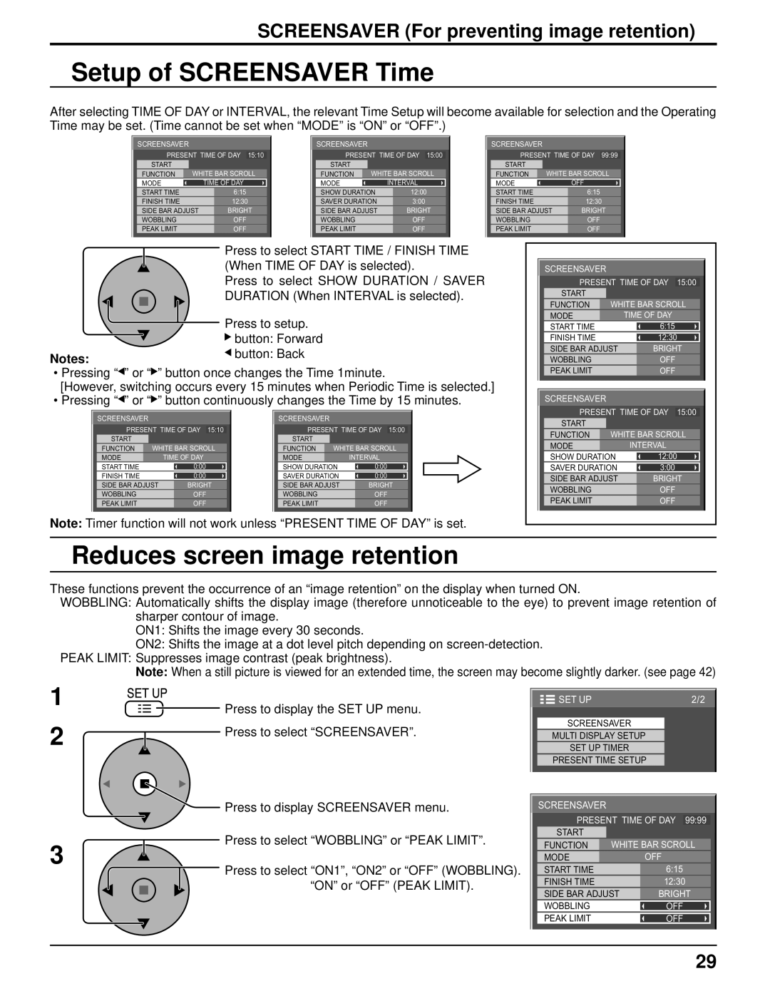 Panasonic TH-42PR10U, TH-37PR10U manual Setup of Screensaver Time, Reduces screen image retention 