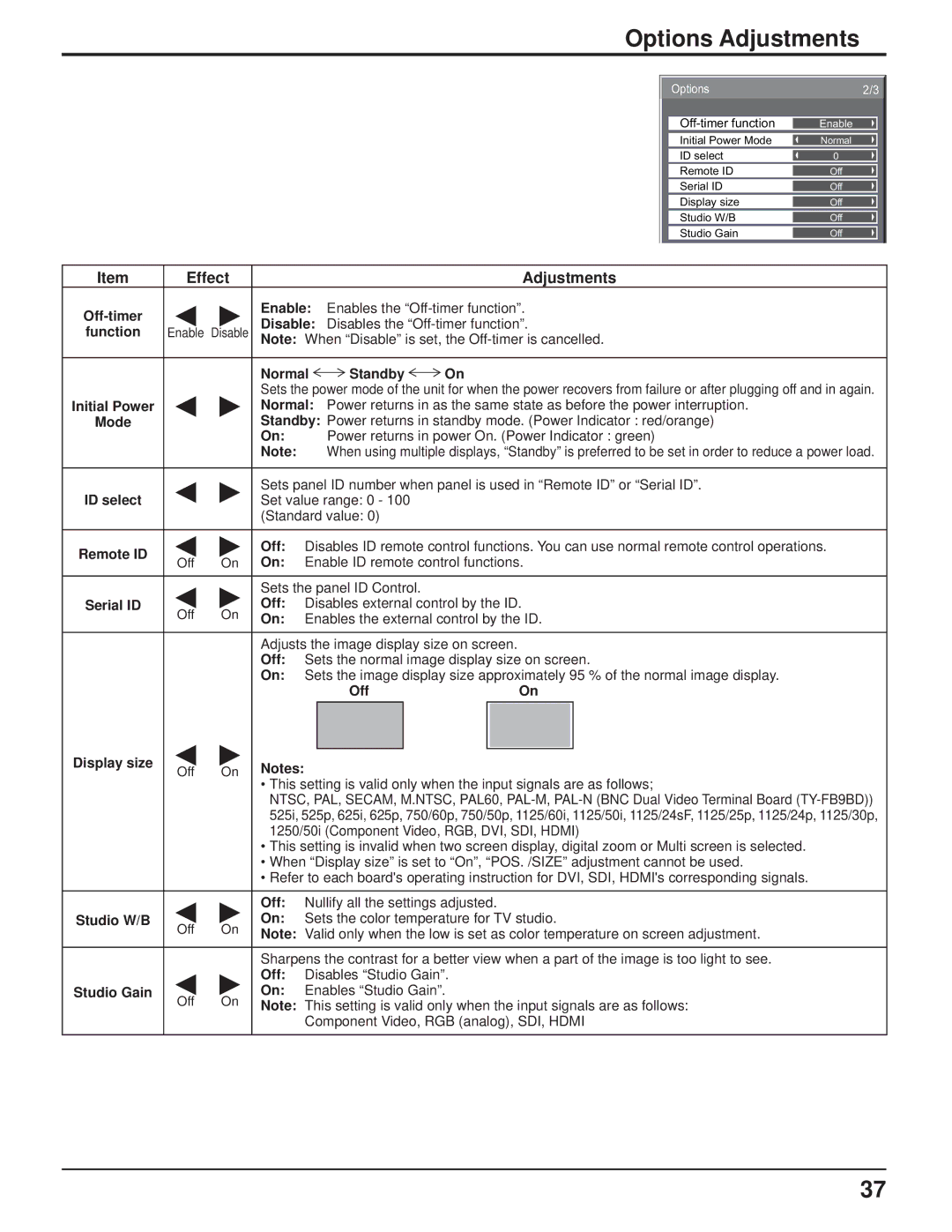 Panasonic TH-42PR10U manual Enable, Function, Normal Standby, Initial Power, Mode, ID select, Remote ID Off, Serial ID 