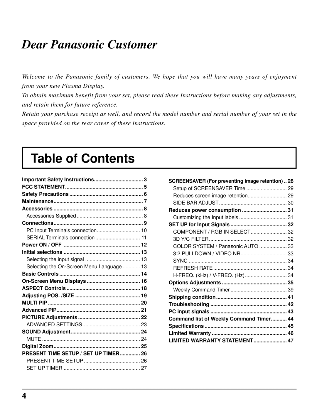 Panasonic TH-37PR10U, TH-42PR10U manual Table of Contents 