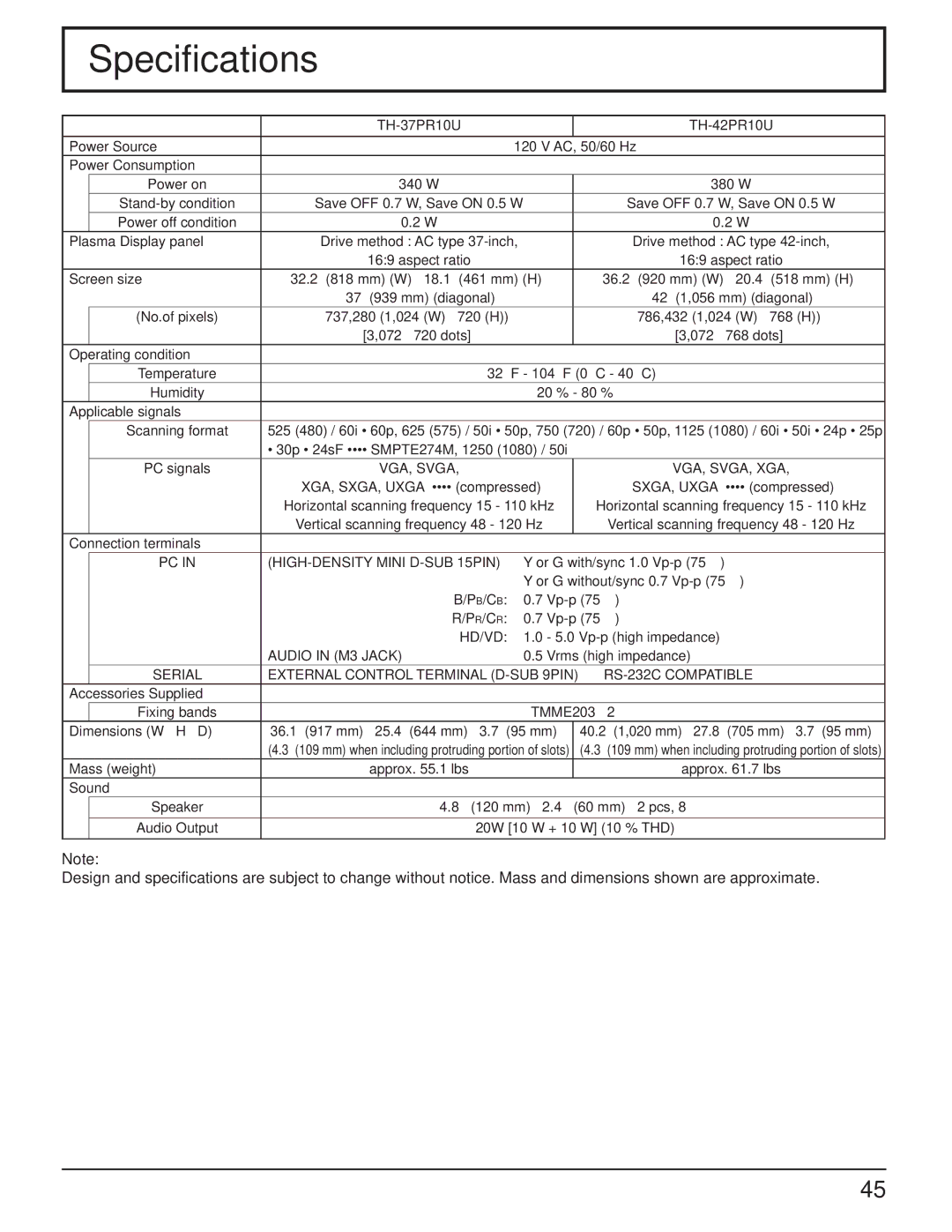 Panasonic TH-42PR10U, TH-37PR10U manual Specifications 