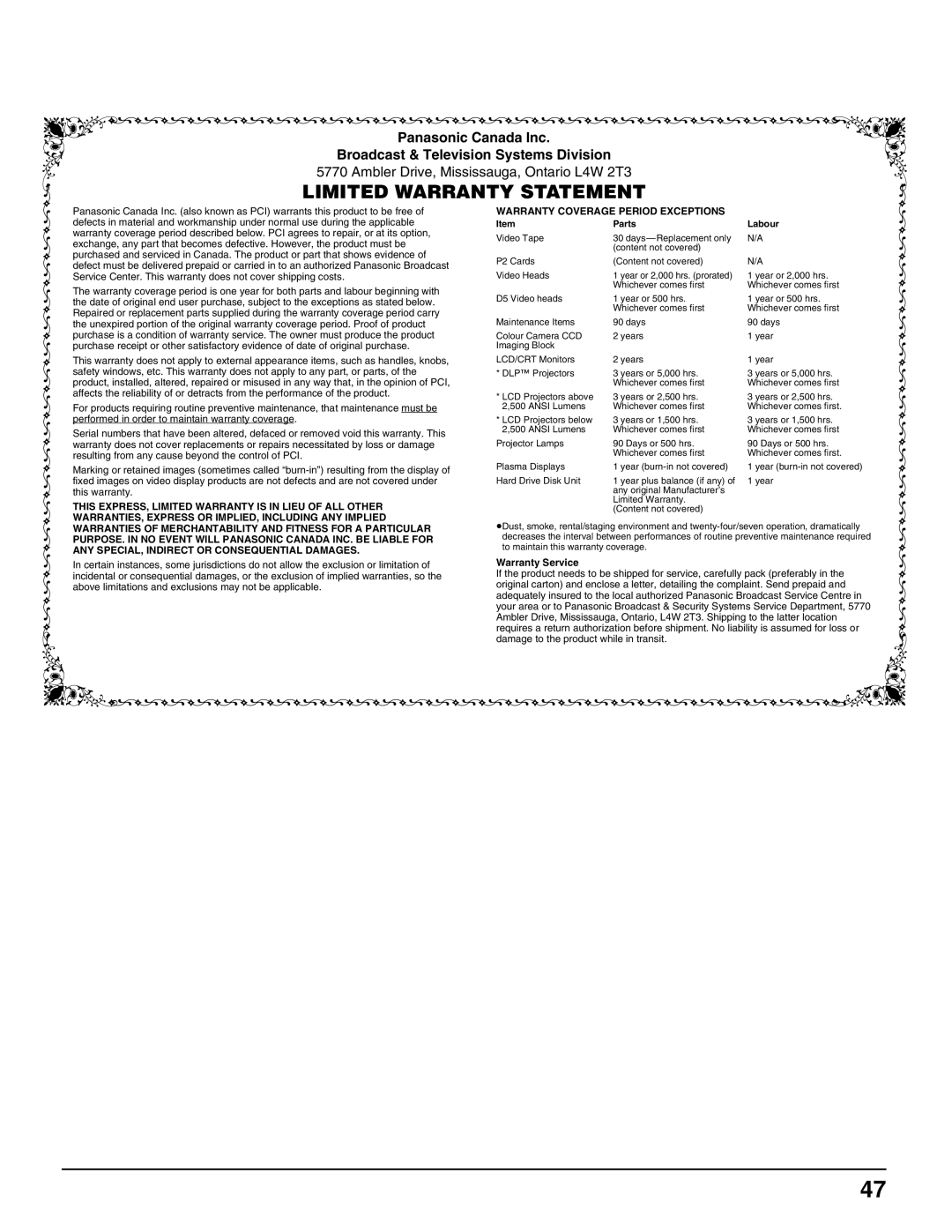 Panasonic TH-42PR10U, TH-37PR10U manual Panasonic Canada Inc Broadcast & Television Systems Division 