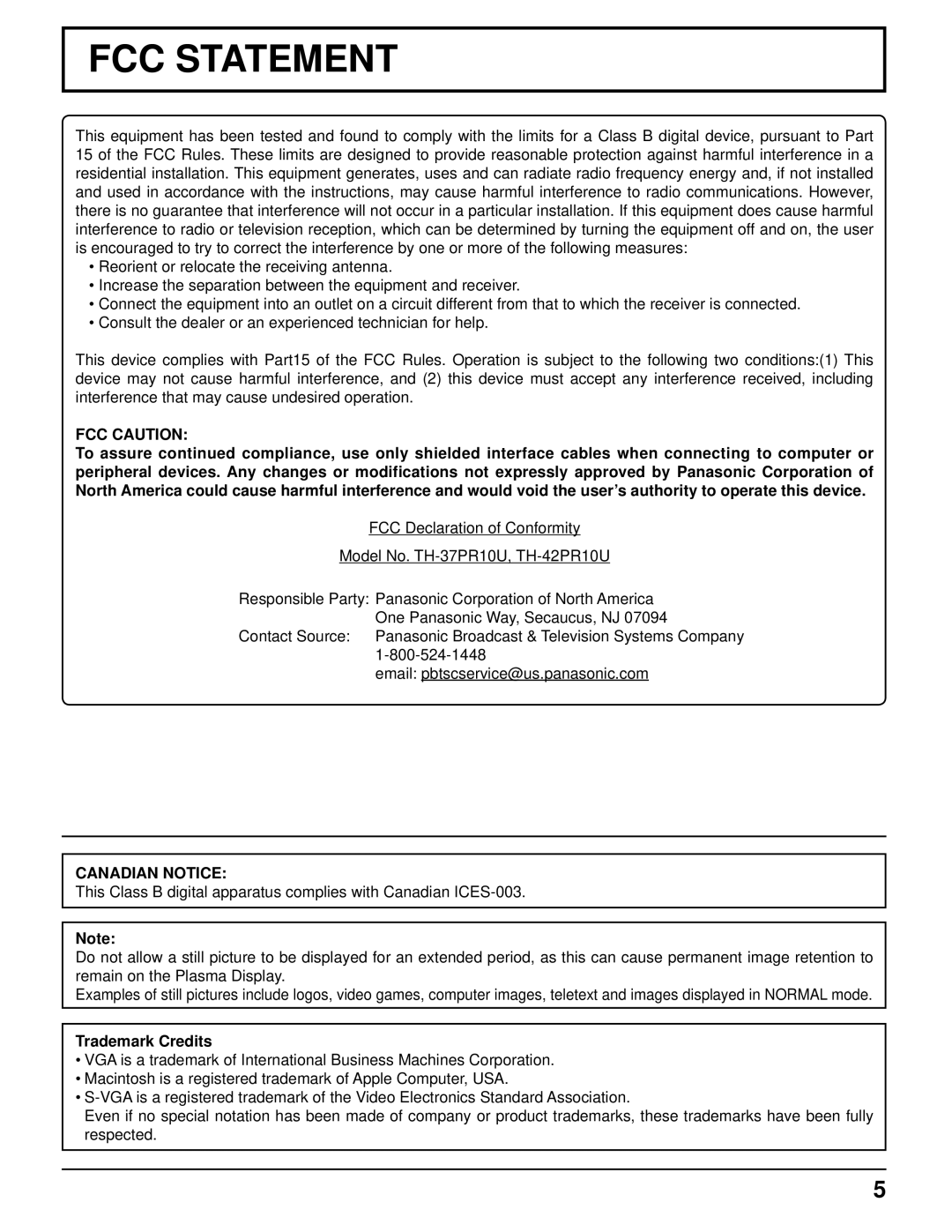 Panasonic TH-42PR10U, TH-37PR10U manual FCC Caution, Canadian Notice, Trademark Credits 