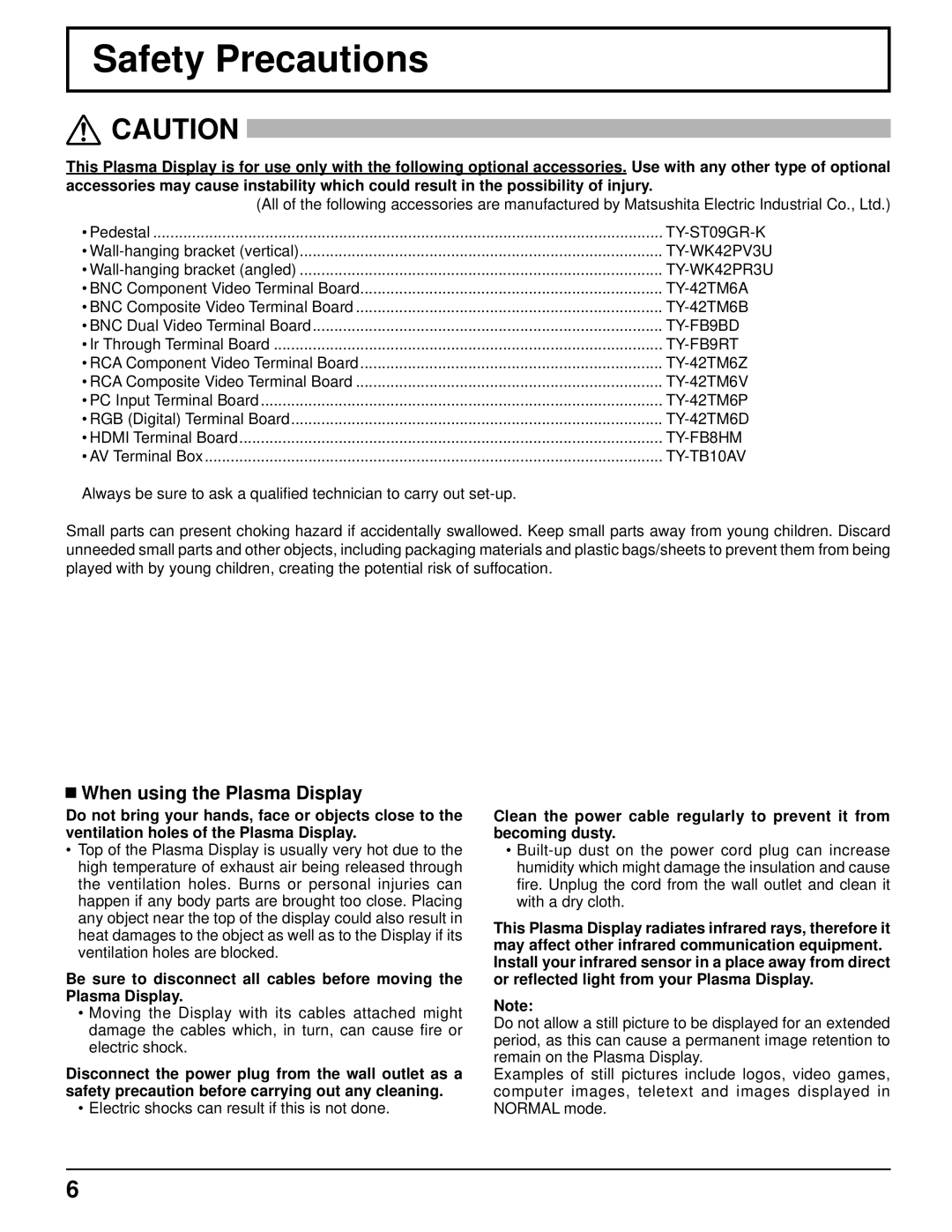 Panasonic TH-37PR10U, TH-42PR10U manual Safety Precautions, When using the Plasma Display 