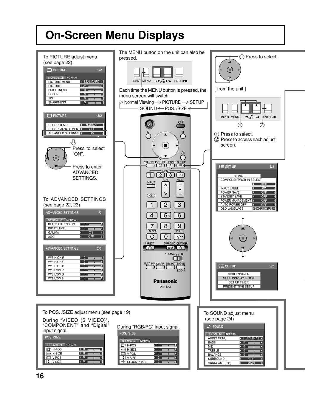 Panasonic TH-37PR10UA, TH-42PR10UA operating instructions On-Screen Menu Displays, Advanced Settings, Picture Setup Sound 