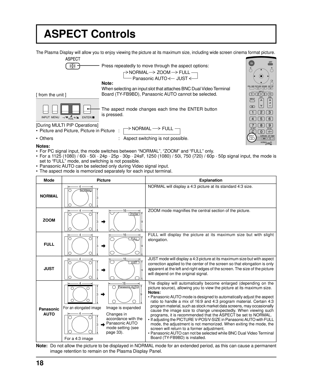 Panasonic TH-37PR10UA, TH-42PR10UA Aspect Controls, Normal Zoom Full, Is pressed During Multi PIP Operations, Normal Full 