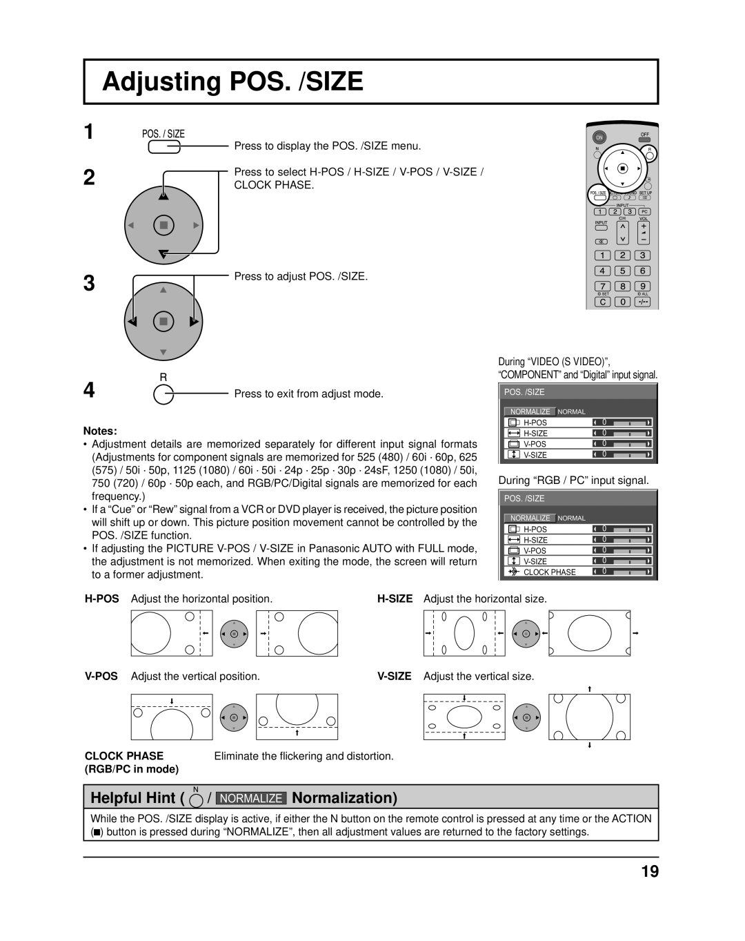 Panasonic TH-42PR10UA Adjusting POS. /SIZE, Clock Phase, Eliminate the flickering and distortion, RGB/PC in mode 