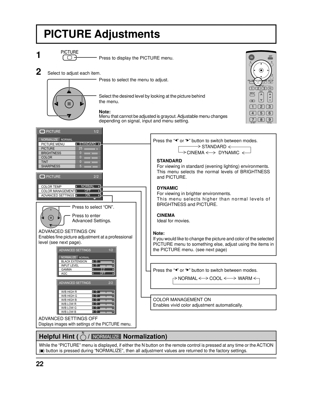 Panasonic TH-37PR10UA, TH-42PR10UA operating instructions Picture Adjustments, Standard, Dynamic, Cinema 