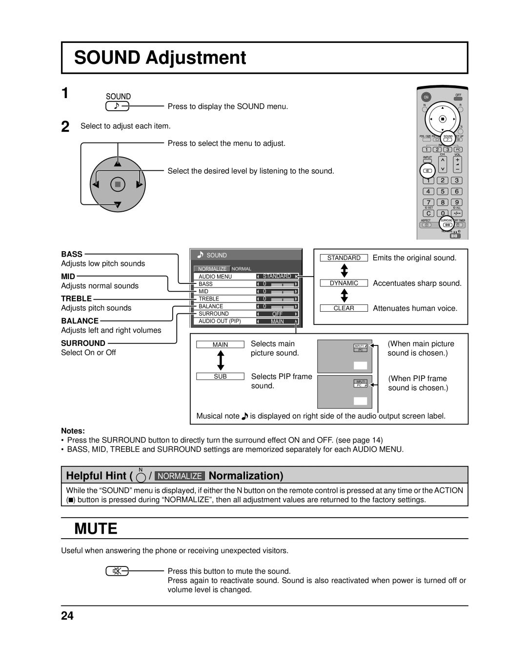 Panasonic TH-37PR10UA, TH-42PR10UA operating instructions Sound Adjustment, Mute 