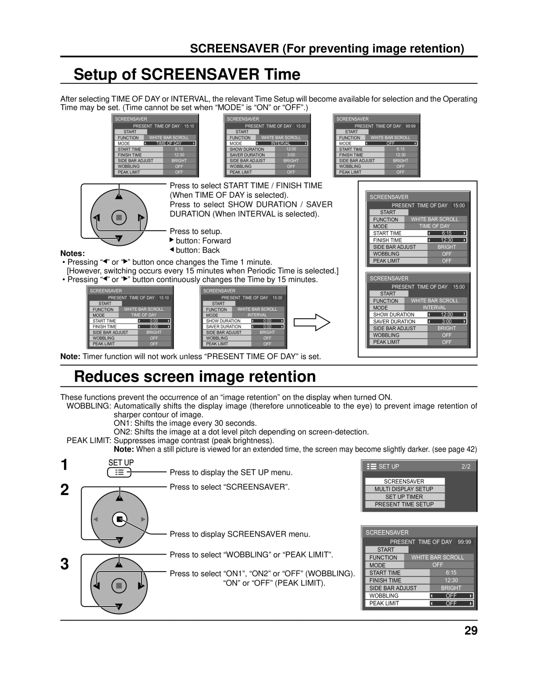 Panasonic TH-37PR10UA, TH-42PR10UA operating instructions Setup of Screensaver Time, Reduces screen image retention 