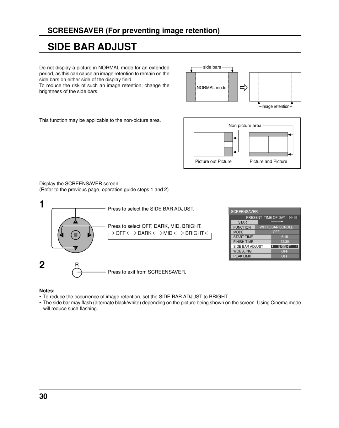 Panasonic TH-37PR10UA, TH-42PR10UA Side BAR Adjust, OFF Dark MID Bright, Press to exit from Screensaver 