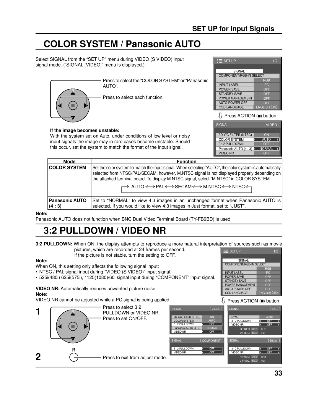 Panasonic TH-37PR10UA, TH-42PR10UA operating instructions Color System / Panasonic Auto, Pulldown / Video NR 