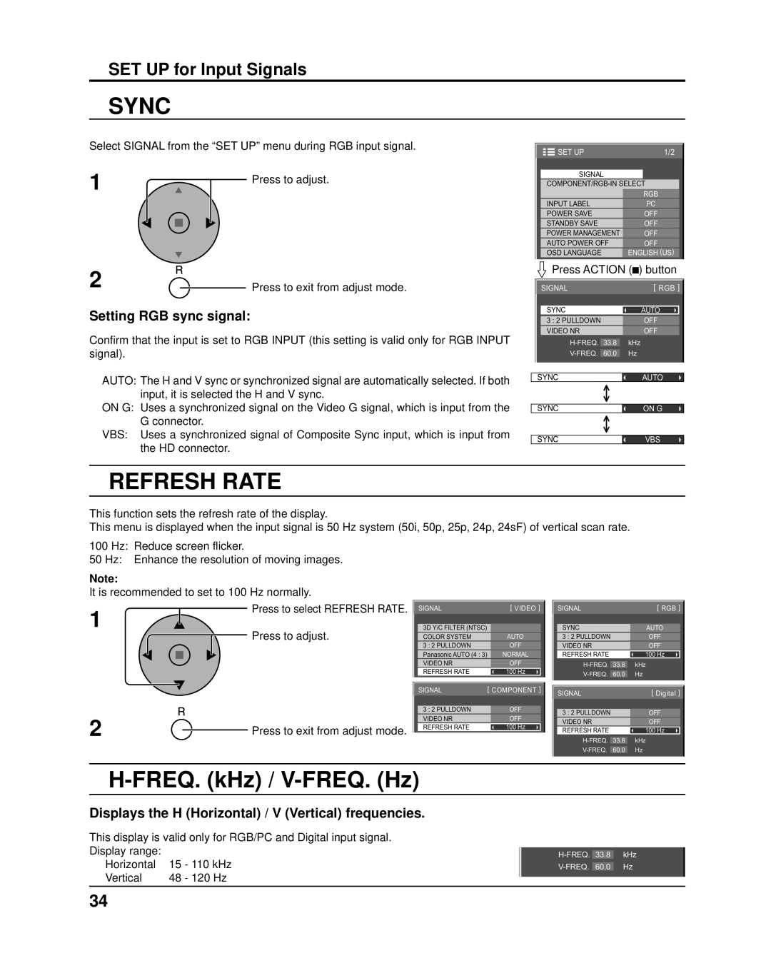 Panasonic TH-37PR10UA, TH-42PR10UA Sync, Refresh Rate, FREQ. kHz / V-FREQ. Hz, Setting RGB sync signal 