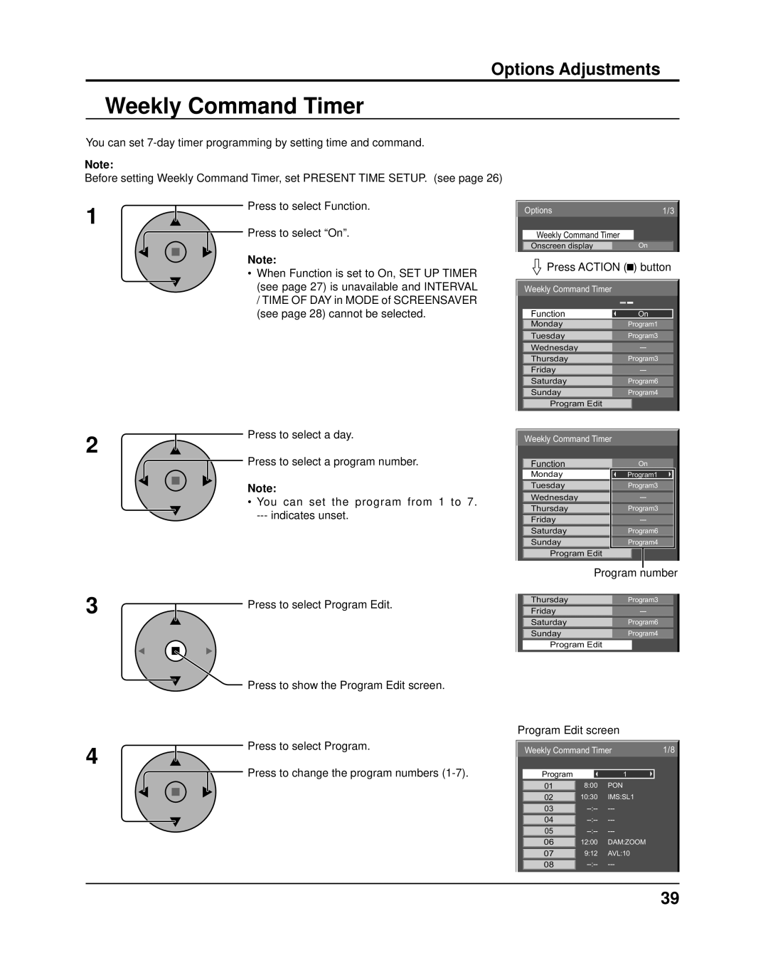 Panasonic TH-37PR10UA, TH-42PR10UA operating instructions Weekly Command Timer 