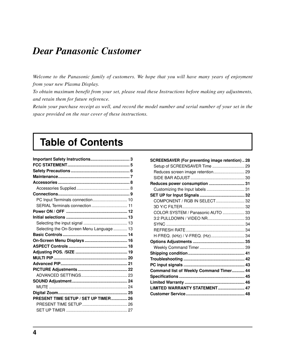 Panasonic TH-37PR10UA, TH-42PR10UA operating instructions Table of Contents 